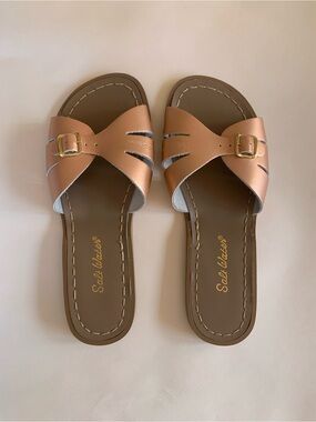 Salt Water Sandals by Hoy Rose Gold Slide Sandals with Gold Buckles